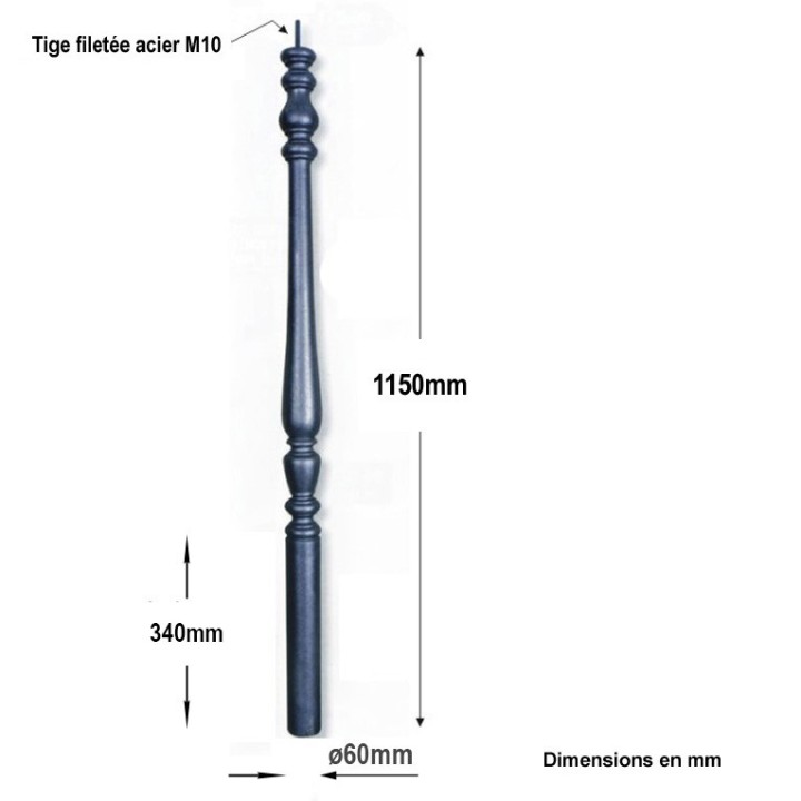 Poteau d'escaliers lisse et galbé à sceller hauteur 1150mm ø60mm