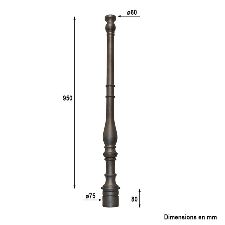 Poteau fonte pour escaliers lisse et galbé hauteur 950mm base Ø75