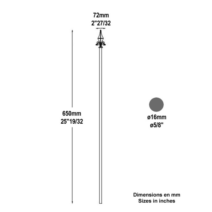 Barreau avec pointe de lance soudée FA1508 Ø16mm 650 et 1300mm