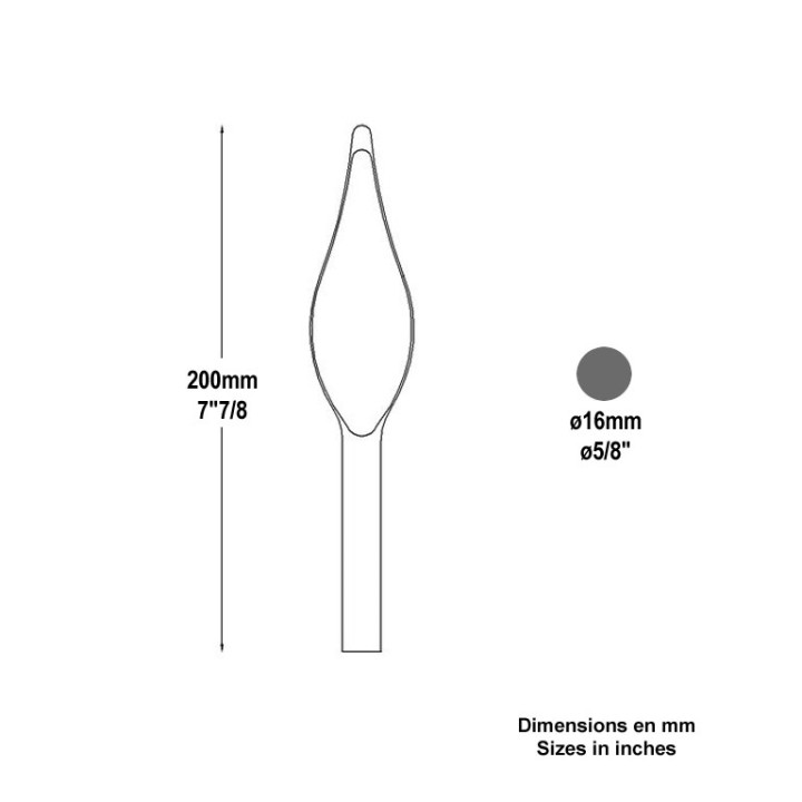Barreau avec pointe obtenue par forgeage ø16mm lgr 200 à 1300mm