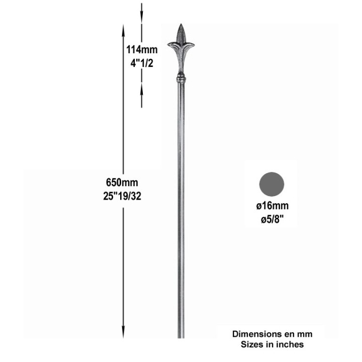 Barreau avec pointe de lance soudée FA1513 Ø16mm 650 et 1000mm