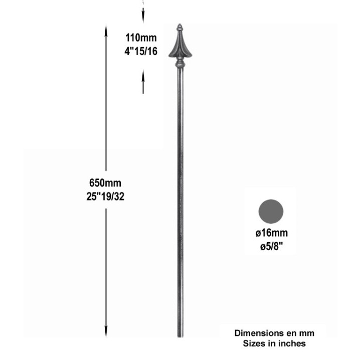 Barreau avec pointe de lance soudée FA1535 Ø16mm 650 et 1000mm