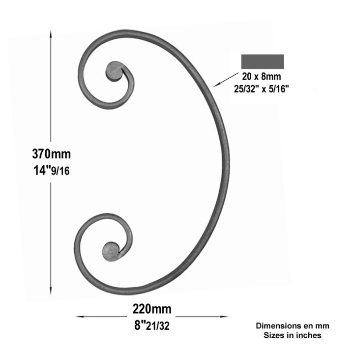 Volute avec extrémités à noyaux en forme de C plat de 20x8mmm
