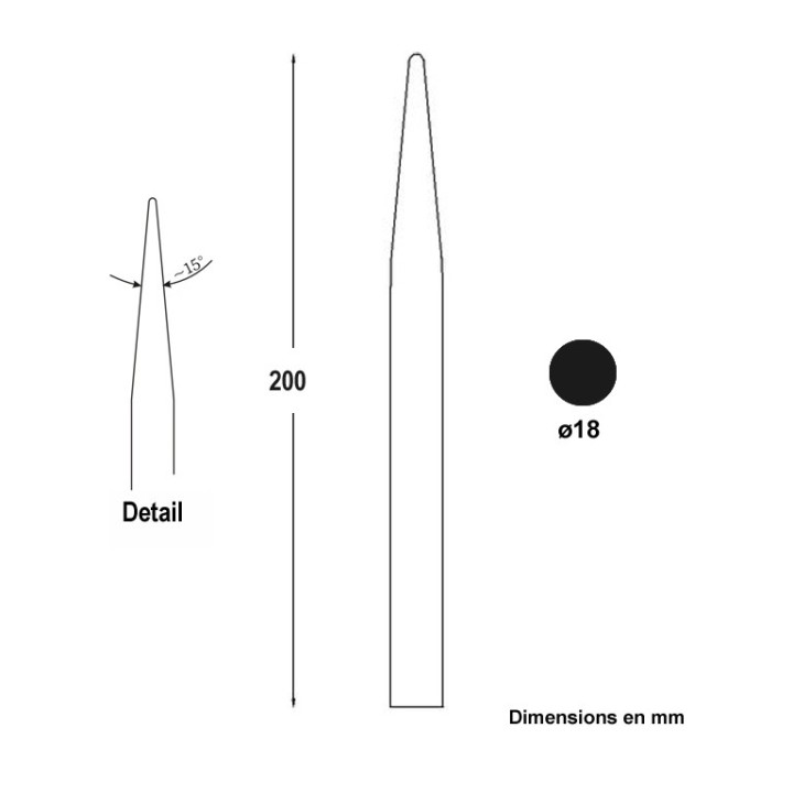 Barreaux lisses pointus en acier forgé ø18 à l'ancienne appointés 15°