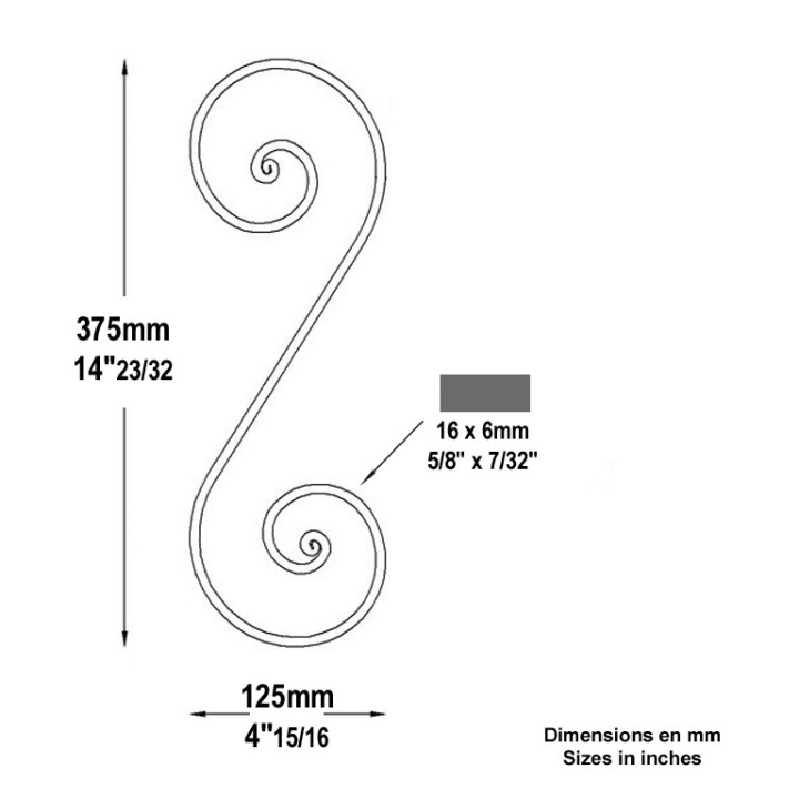 Volute avec extrémités à noyaux en forme de S plat de 16x6mm