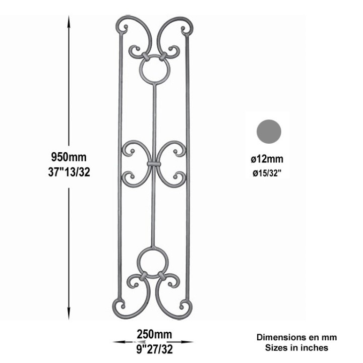 Panneaux déco fer forgé finitions boules grenaillé 950x250 ø12mm