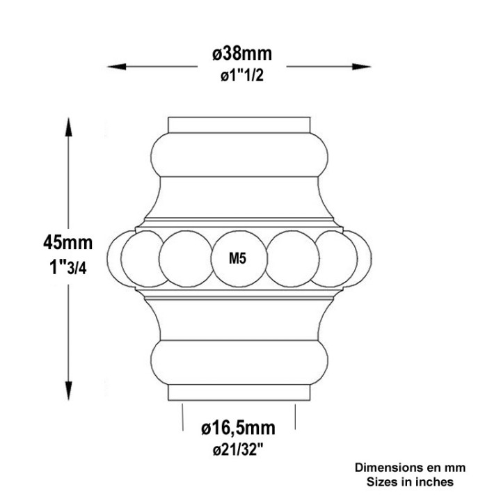 Garnitures courtes laiton poli verni avec visM5 Haut 45mm ø16mm