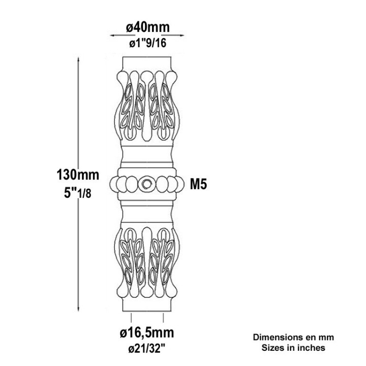 Garniturs hautes laiton poli verni avec vis M5 haut.130mm ø16mm