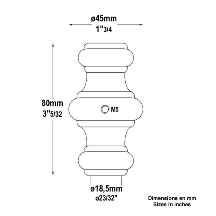 Manchons garnitures aluminium 80mm vis M5 barreau ø18 et 20mm