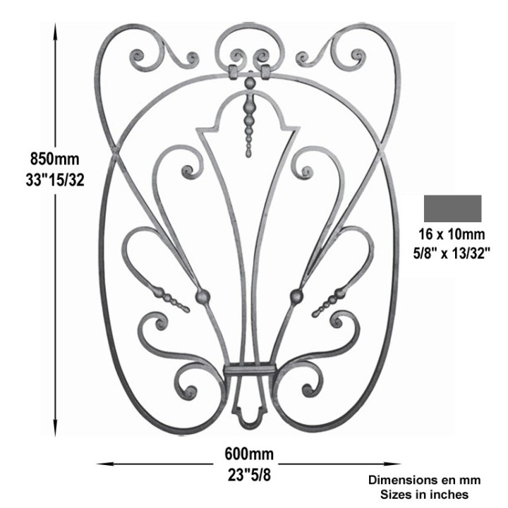 Panneaux déco fer forgé finitions boules grenaillé 620x850 ø12mm