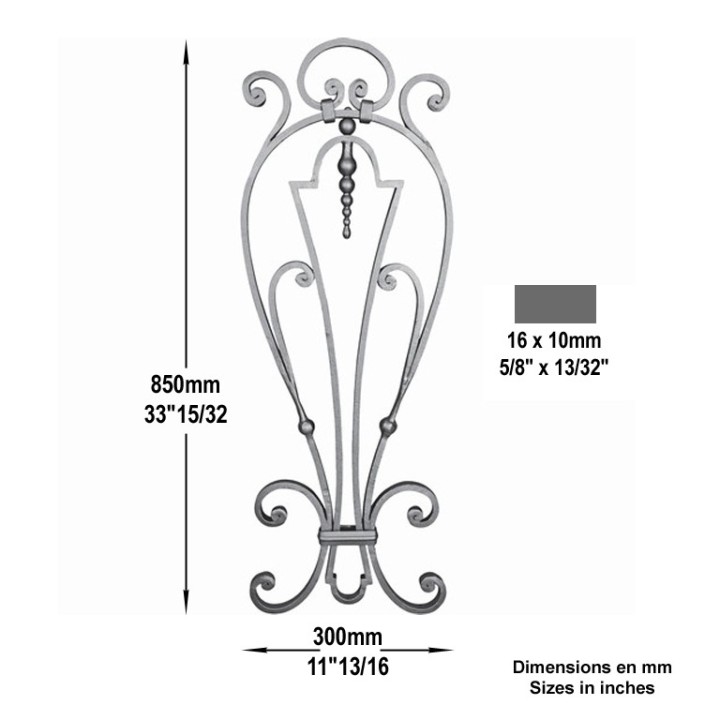 Panneaux déco fer forgé finitions boules grenaillé 300x850 ø12mm