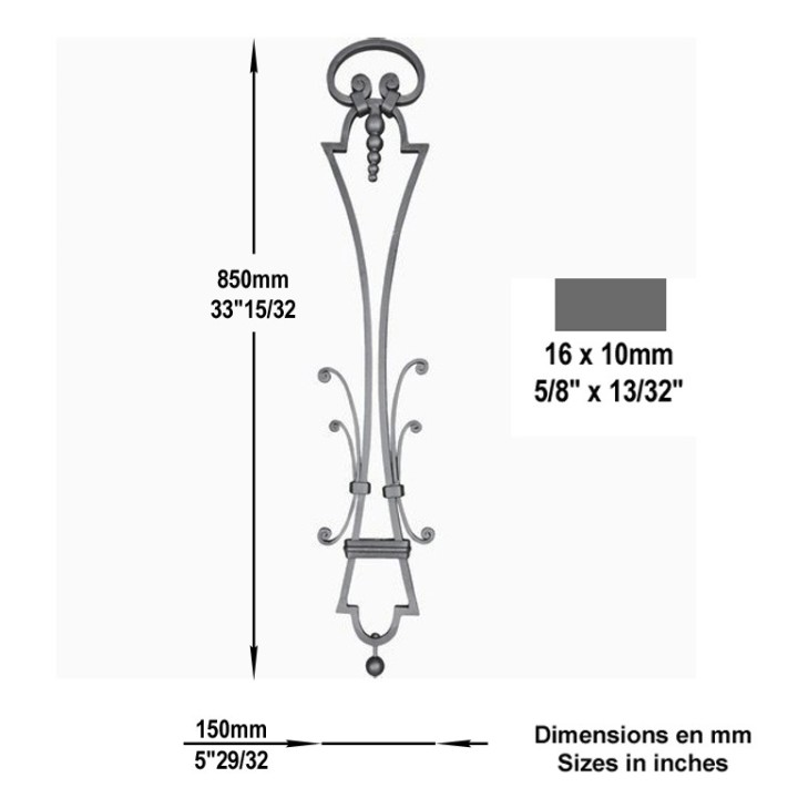 Panneaux déco fer forgé finitions boules grenaillé 150x850 ø12mm