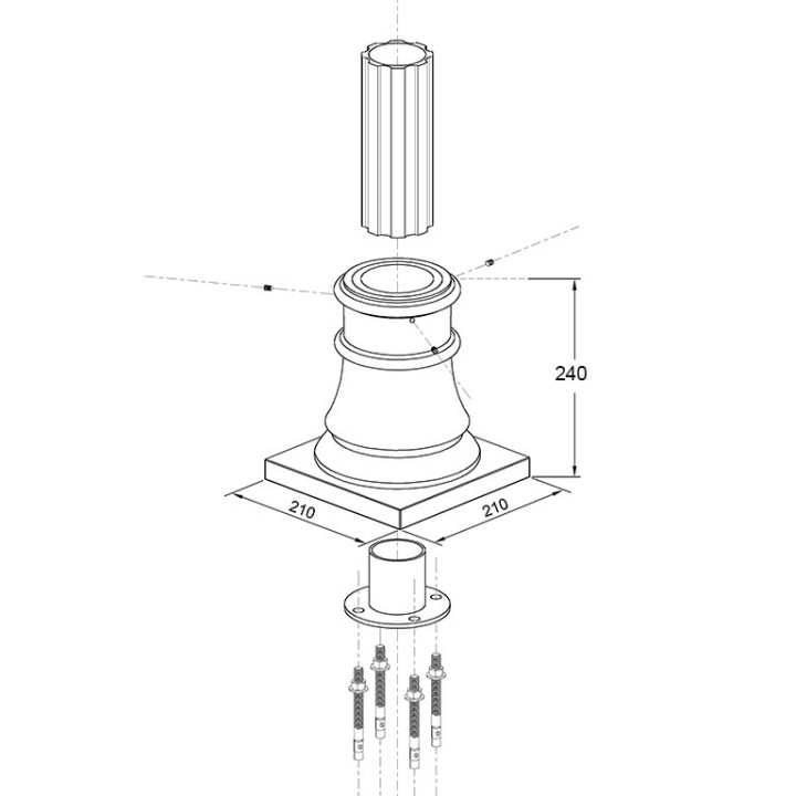 Embase lisse avec plaque de poteau modulaire Ø80mm ou Ø100mm