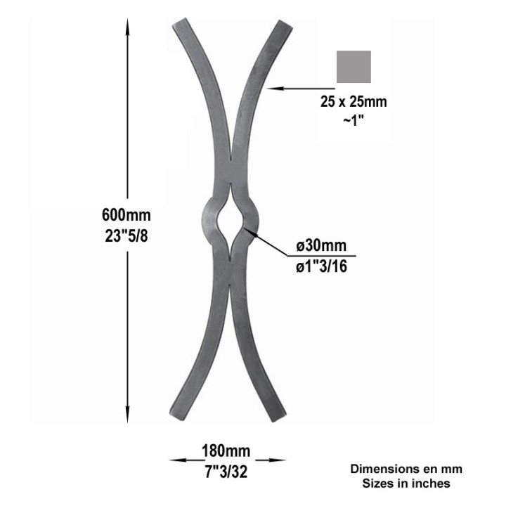 Clefs de tirants en acier forgé en forme de X 600 ou 900mm 25x25