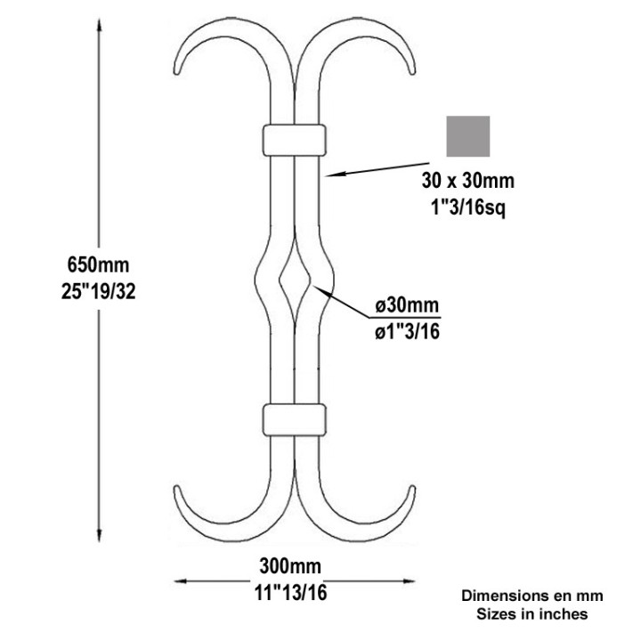 Clefs de tirants en acier forgé en forme de X 650mm carré 30x30mm