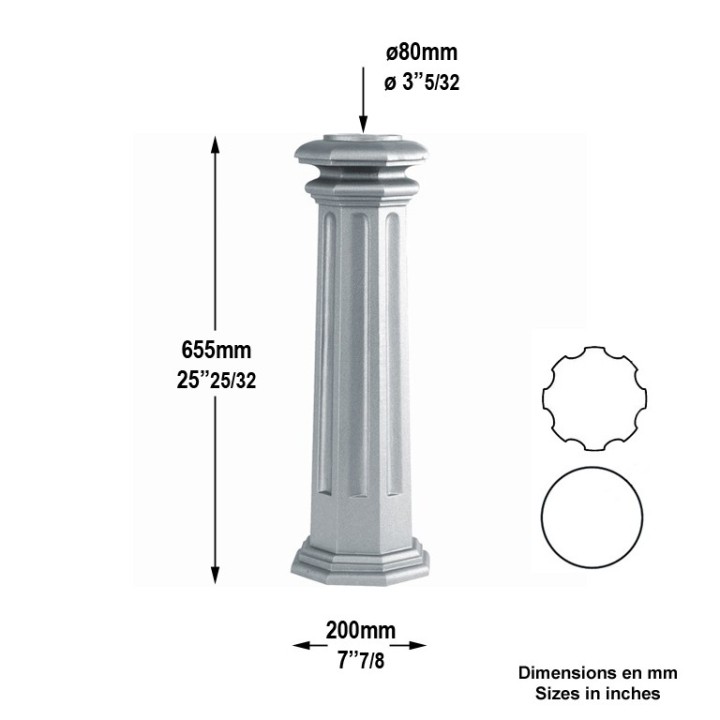 Embase haute 655mm pour tubes Ø80mm pour poteaux modulaires