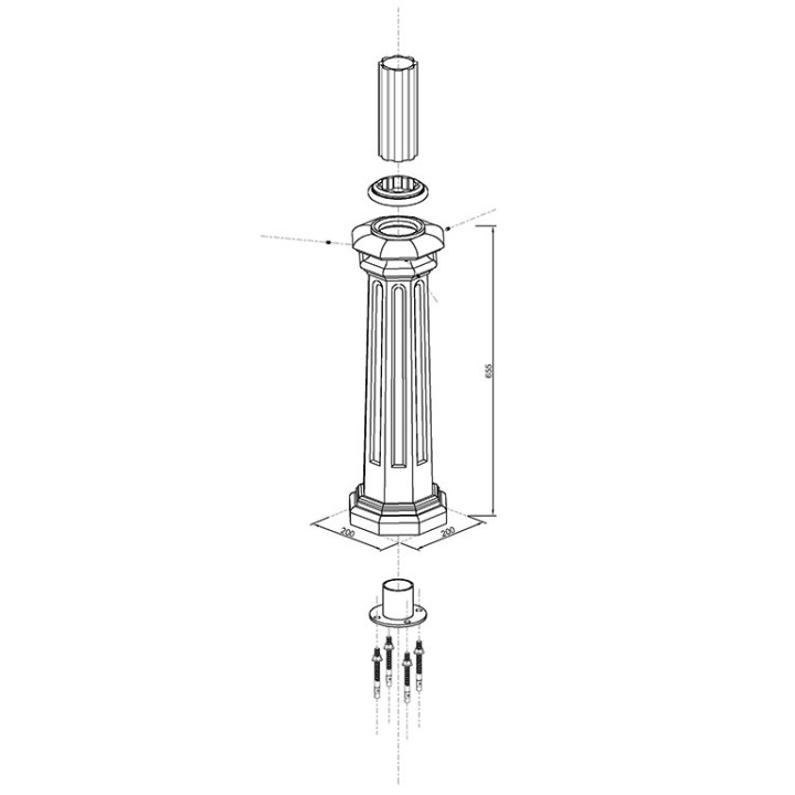 Embase haute 655mm pour tubes Ø80mm pour poteaux modulaires