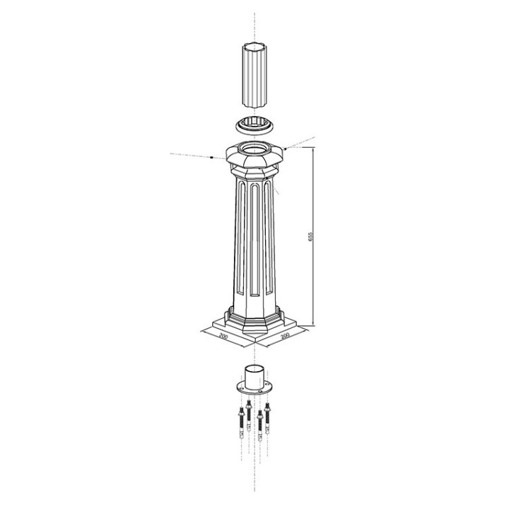 Embase haute 655mm pour tubes Ø80mm ou Ø100mm pour poteaux
