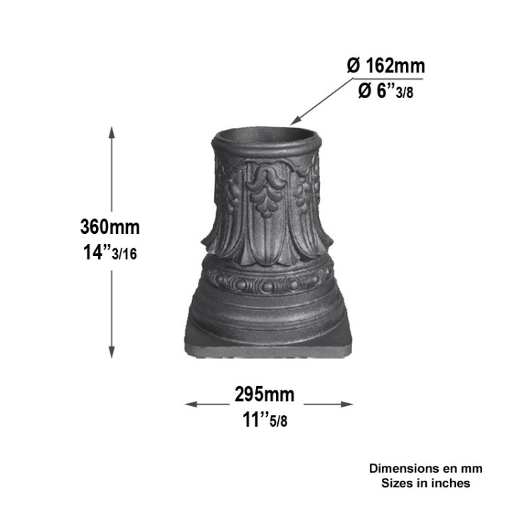 Embase ou chapiteau en fonte pour tube acier Ø160mm haut.360mm