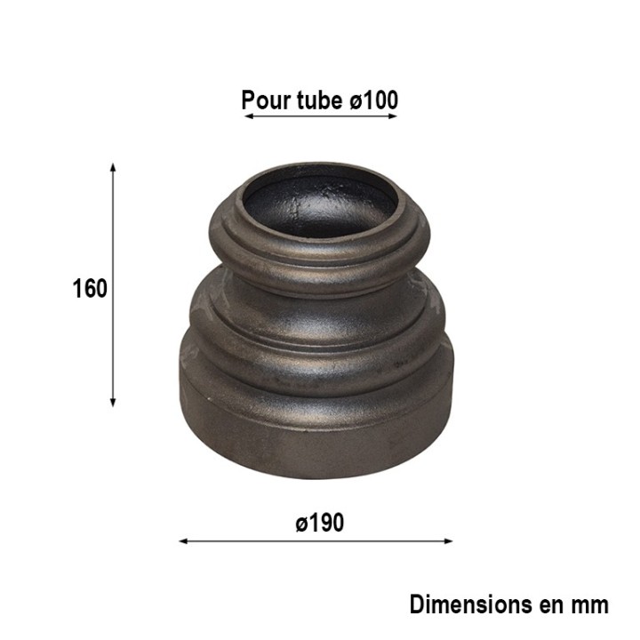 Embase ou chapiteau en fonte pour tube acier Ø100mm haut.190mm
