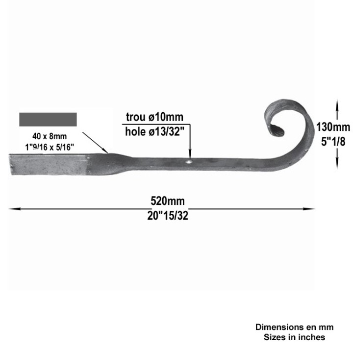 Crosse de grande section 40x8mm en acier forgé en queue de carpe