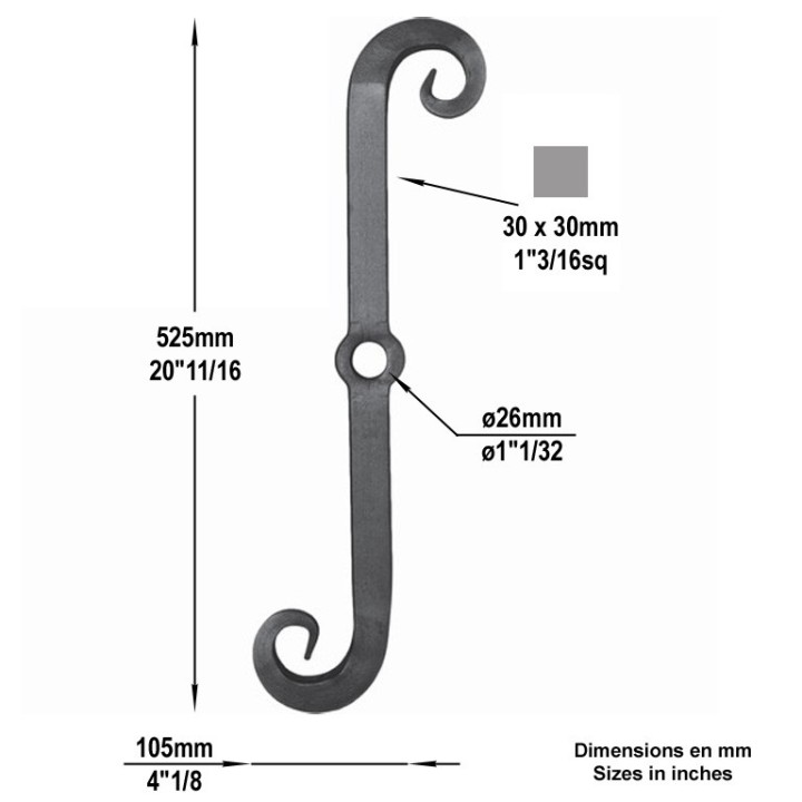 Clefs de tirants en acier forgé en "S" hauteur 525x105mm 30x30mm