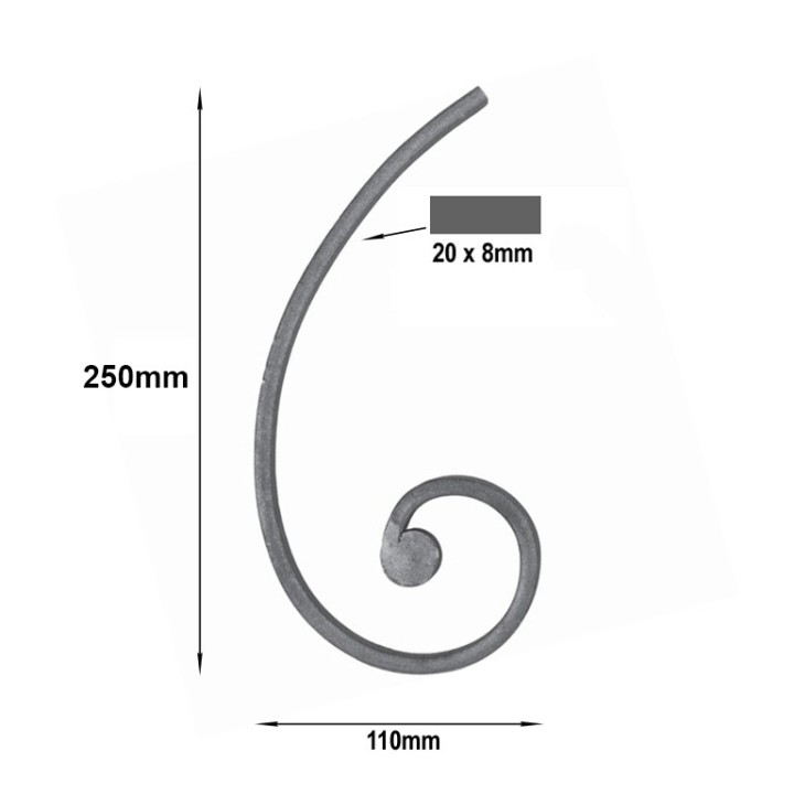 Volute demi C en plat de 20x8mm avec enroulement à noyau