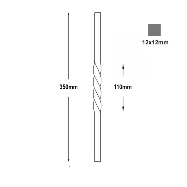 Balustres, barreaux torsadés acier 12x12mm longueur 350 à 1200mm