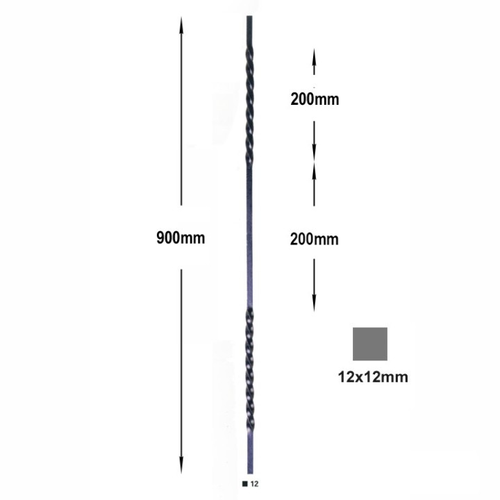 Balustres, barreaux 2 torsades acier 12x12mm longueur 900mm