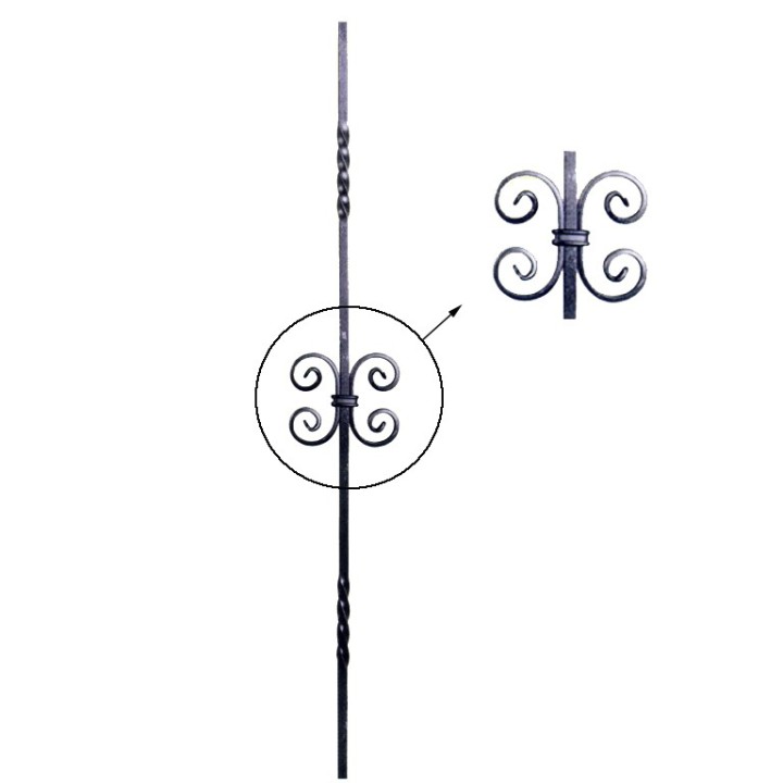 Balustres 900mm 12x12 torsadé avec motif central avec volutes 12x6
