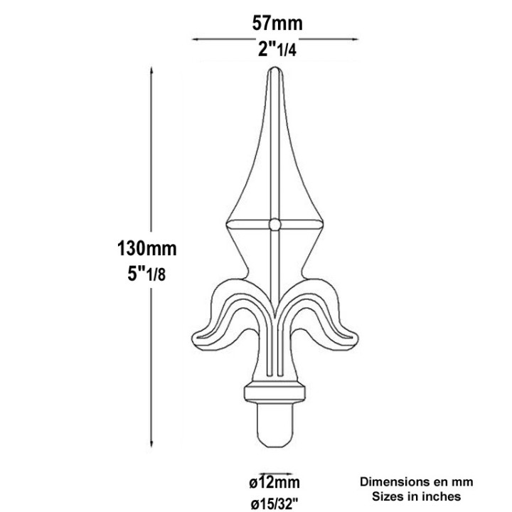 Pointe, fer de lance en acier à souder 130mm à 190mm, fleur de lys