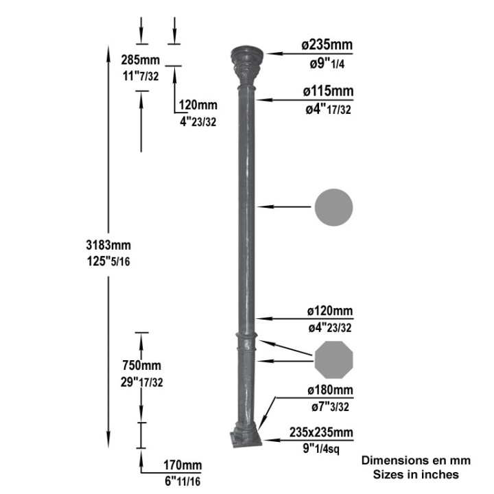 Poteau colonne, de structure en fonte d'acier hauteur 3,183m ø115