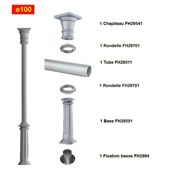 Ensemble poteau colonne fonte d'alu Ø100mm cannelée htr. 3,235m