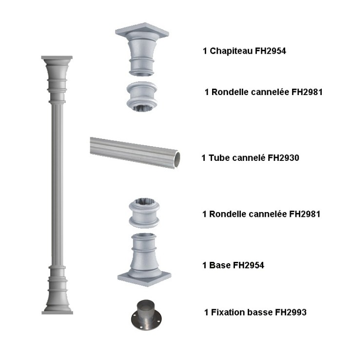 Ensemble poteau colonne Ø80mm cannelée htr. 2,735m base moyenne