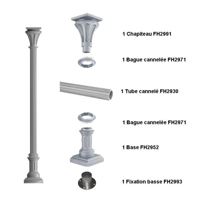Ensemble poteau colonne Ø80mm cannelée htr. 2,735m fonte d'alu