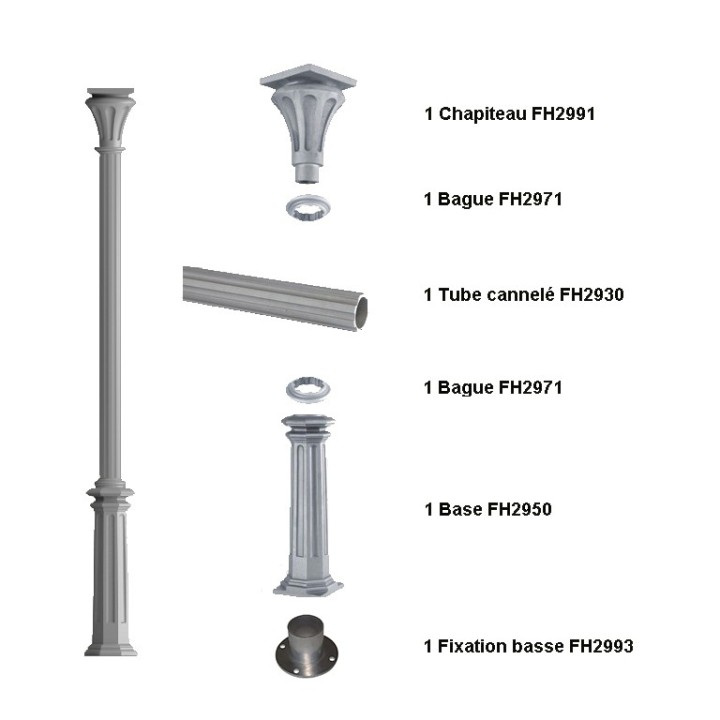 Ensemble poteau colonne htr. 2,735m fonte d'alu Ø80mm cannelée