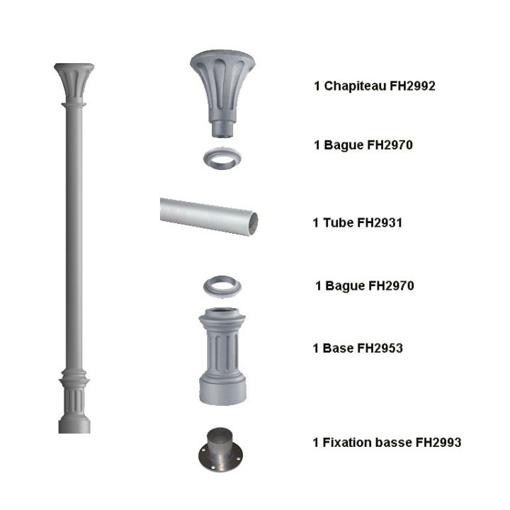 Ensemble poteau colonne htr. 3,235m en fonte d'alu Ø80mm lisse