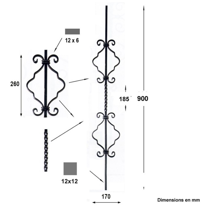 Balustres 900mm 12x12 2 torsades avec motif central de 2 volutes