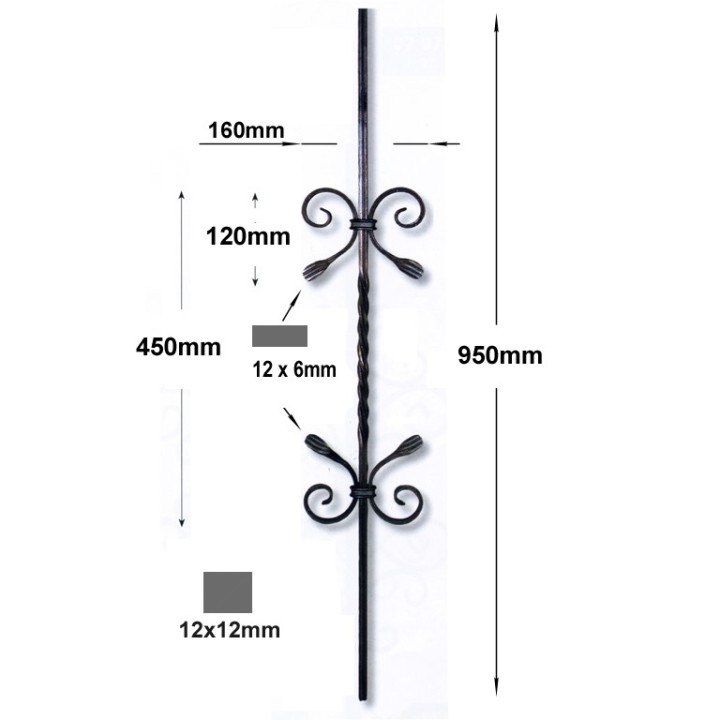 Balustre 950mm torsadé 12x12mm avec 2 motifs de volutes demi C
