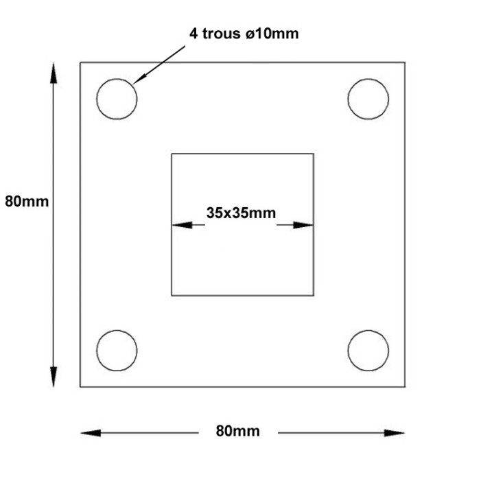 Plaque de fixation pour tube carré de 35x35mm. Extérieur 80x80x5