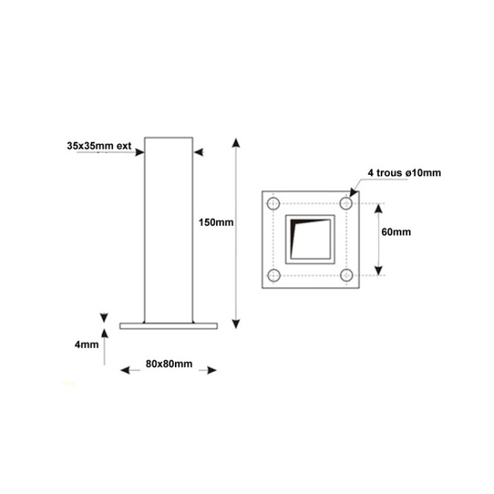 Pied platine en acier forgé pour recevoir des tubes de 40x40mm