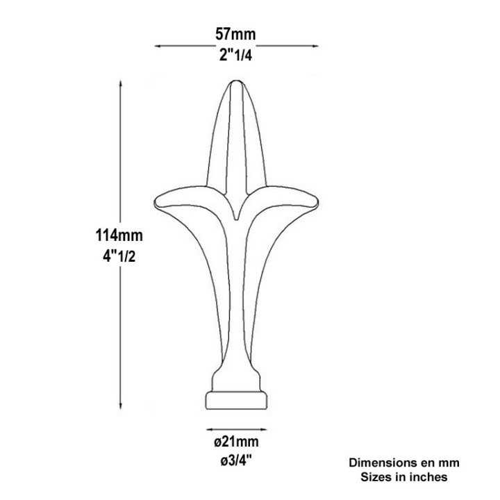 Pointe de lance fleur de lys acier 114mm collerette à souder Ø21mm