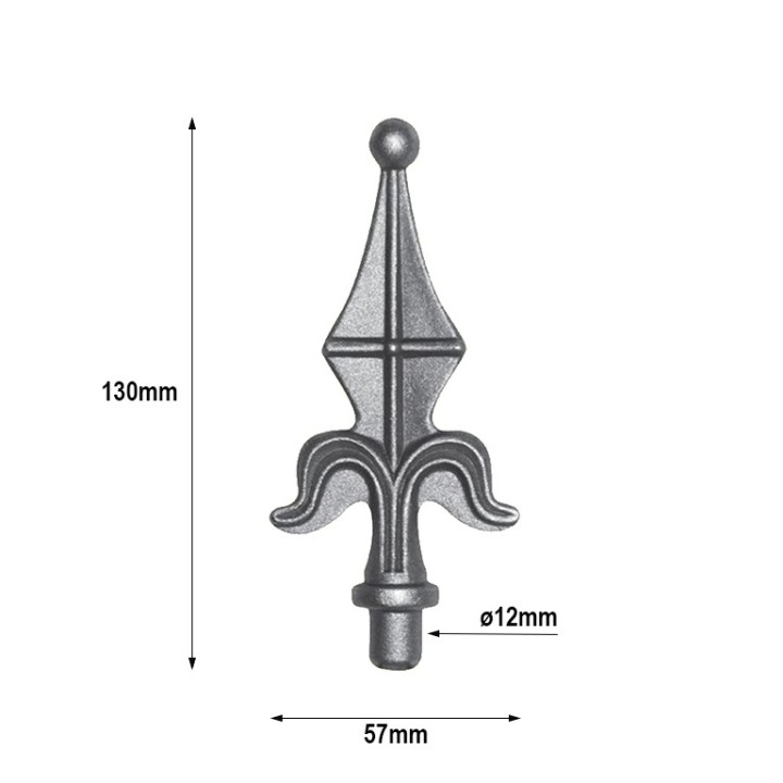 Pointe de lance fleur de lys acier à souder 125mm, bague pour Ø16mm