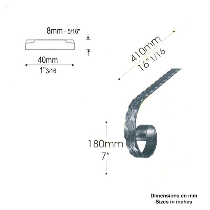 Crosse de départ d'escalier cintrée estampée à chaud en 40x8mm