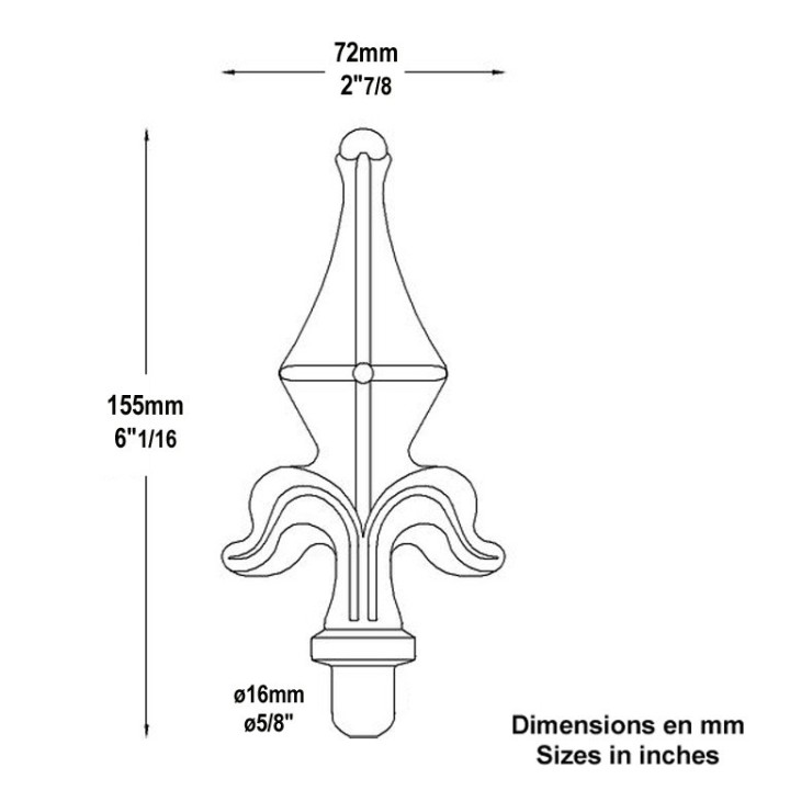 Pointe de lance fleur de lys acier à souder 125mm, bague pour Ø16mm