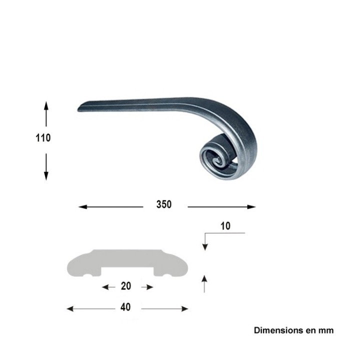 Crosse de départ d'escalier cintrée moulurée acier en 40x10mm
