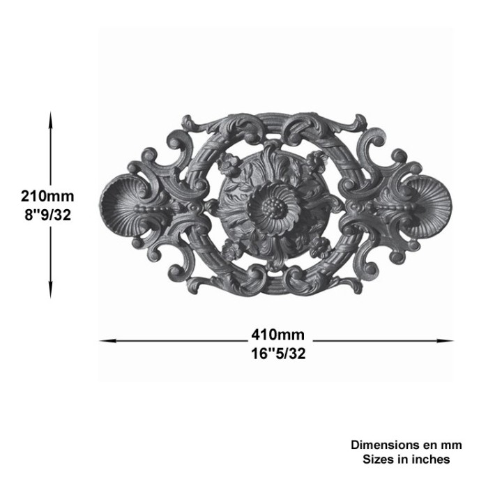 Palmette décorative fonte fonte zinguée ou alu 410x215 trous M6