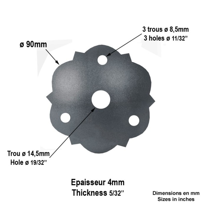 Rosace décorative en acier Ø 90mm percé trou central Ø14,5mm