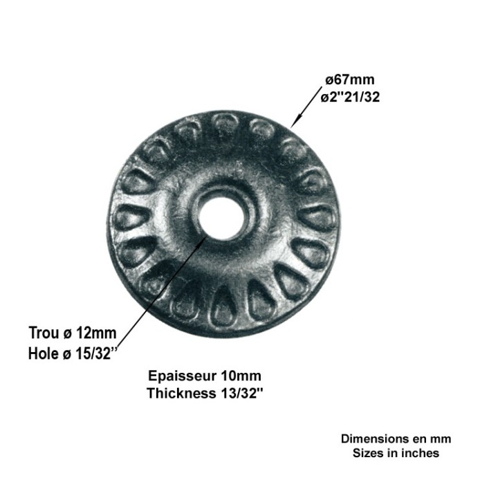 Rosaces décoratives en acier Ø67mm épr 10mm percées au centre