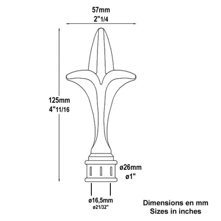 Pointe de lance fleur de lys acier 125mm et bague à souder Ø16mm